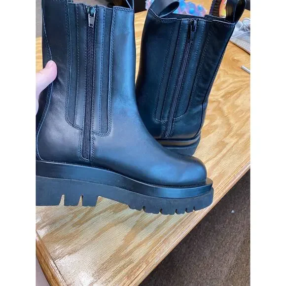 Jeffrey Campbell Chelsea Boots Triple blk Leather Side Zip Mid Calf Lug Sole S11 - Picture 4 of 4